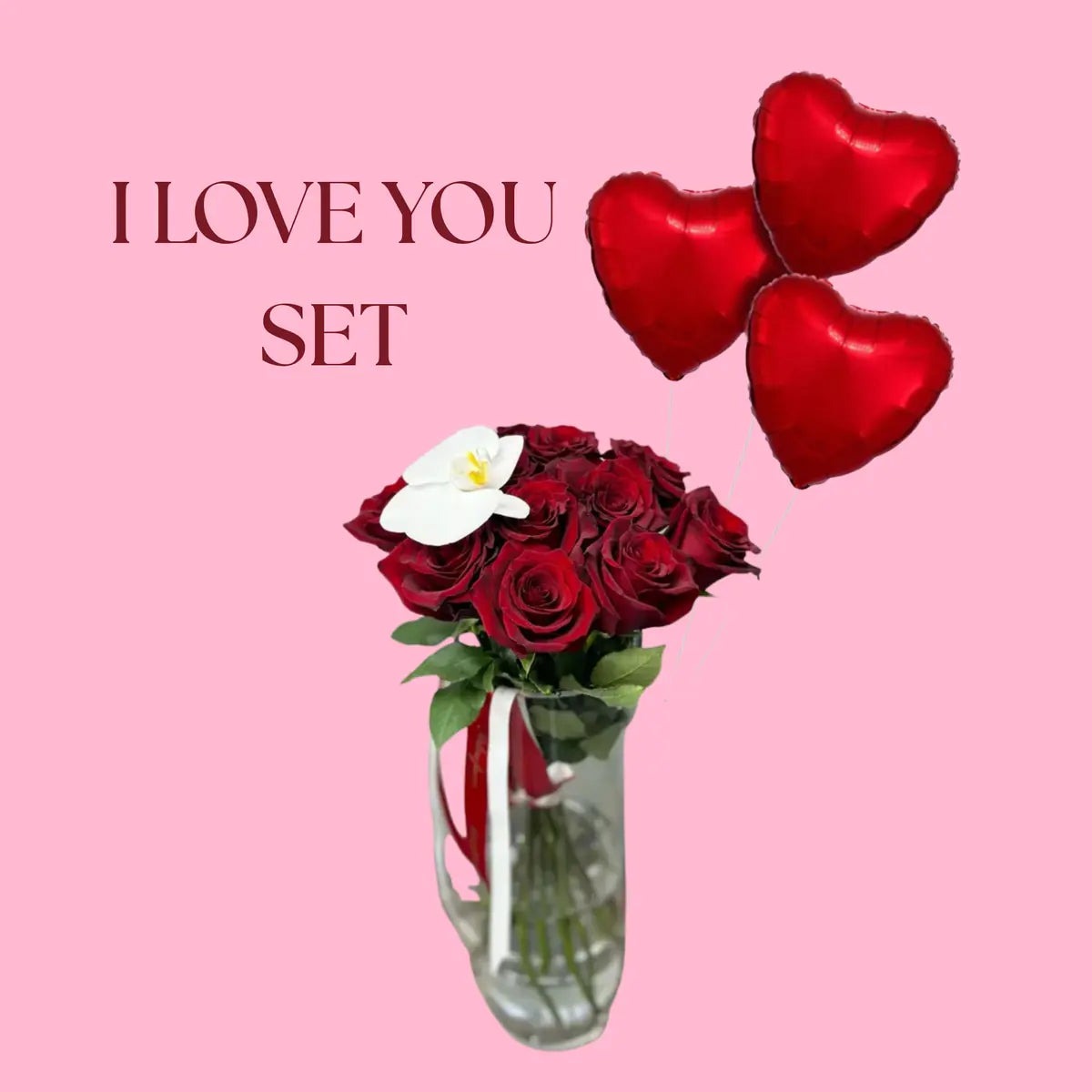 12 Red Roses & Orchid Vase with Heart Balloons | Miami Flower Delivery