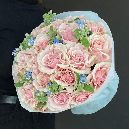 French Pink Roses & Blue Tweedia Bouquet