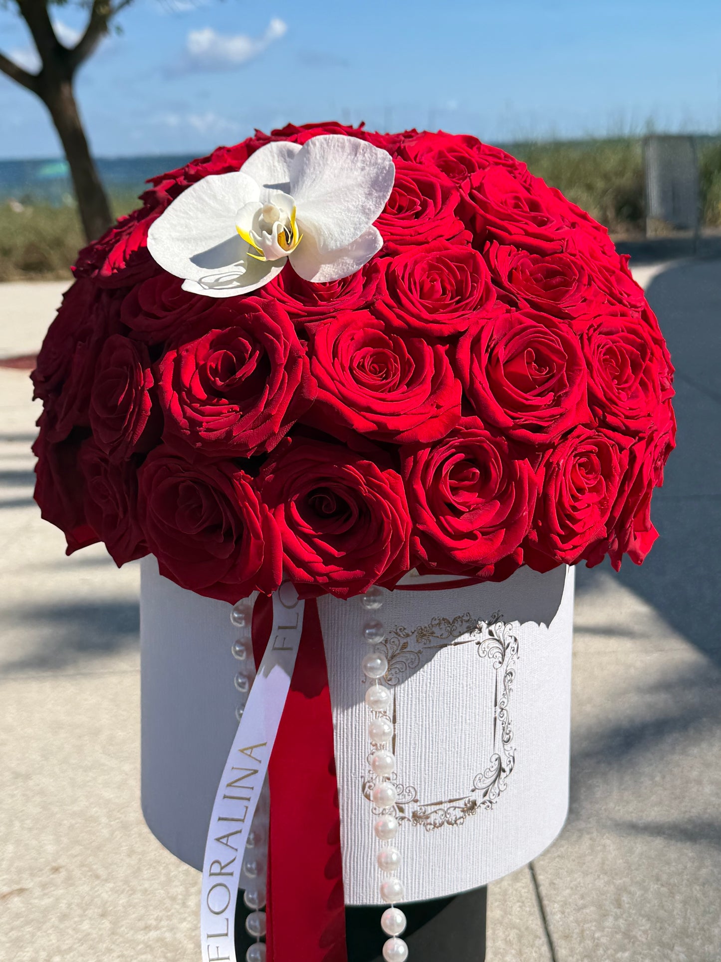 Luxury Red Roses Flower Box with Orchid