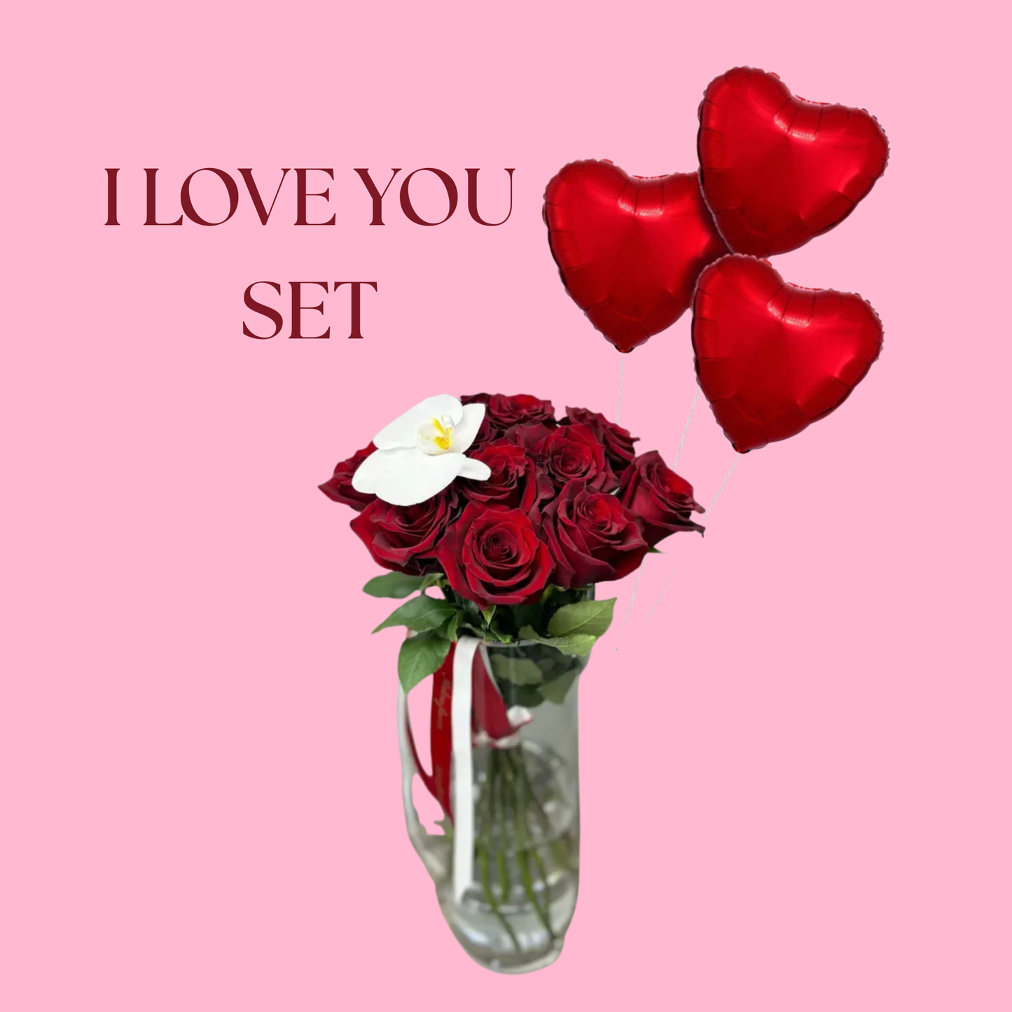 12 Red Roses & Orchid Vase with Heart Balloons | Miami Flower Delivery