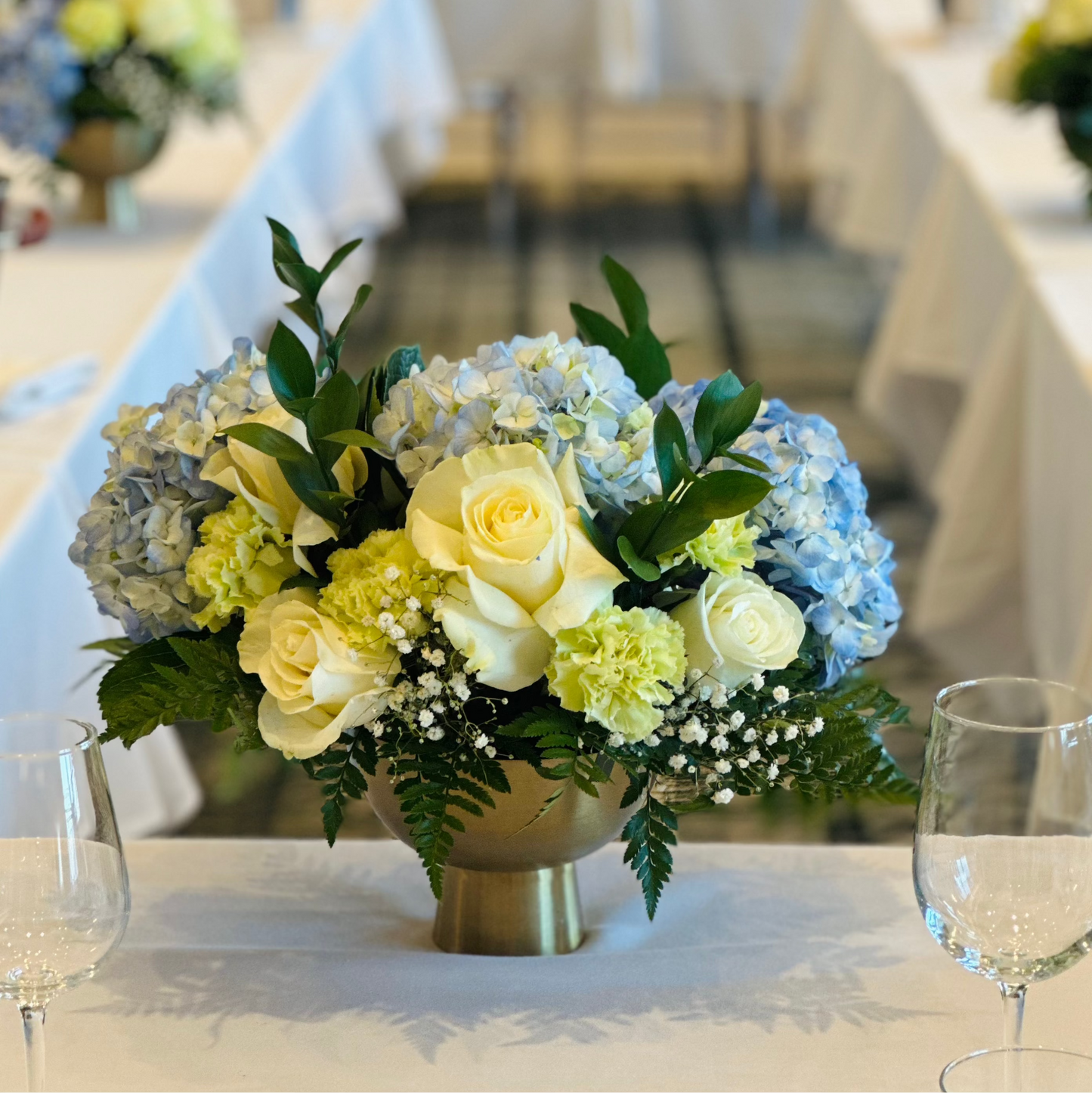 Classic Elegance-Luxury Roses & Blue Hydrangeas Floral Arrangement