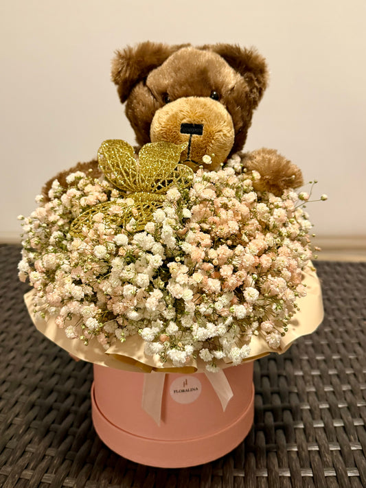 Pink Dreams Flower Box with Teddy Bear & Golden Butterfly