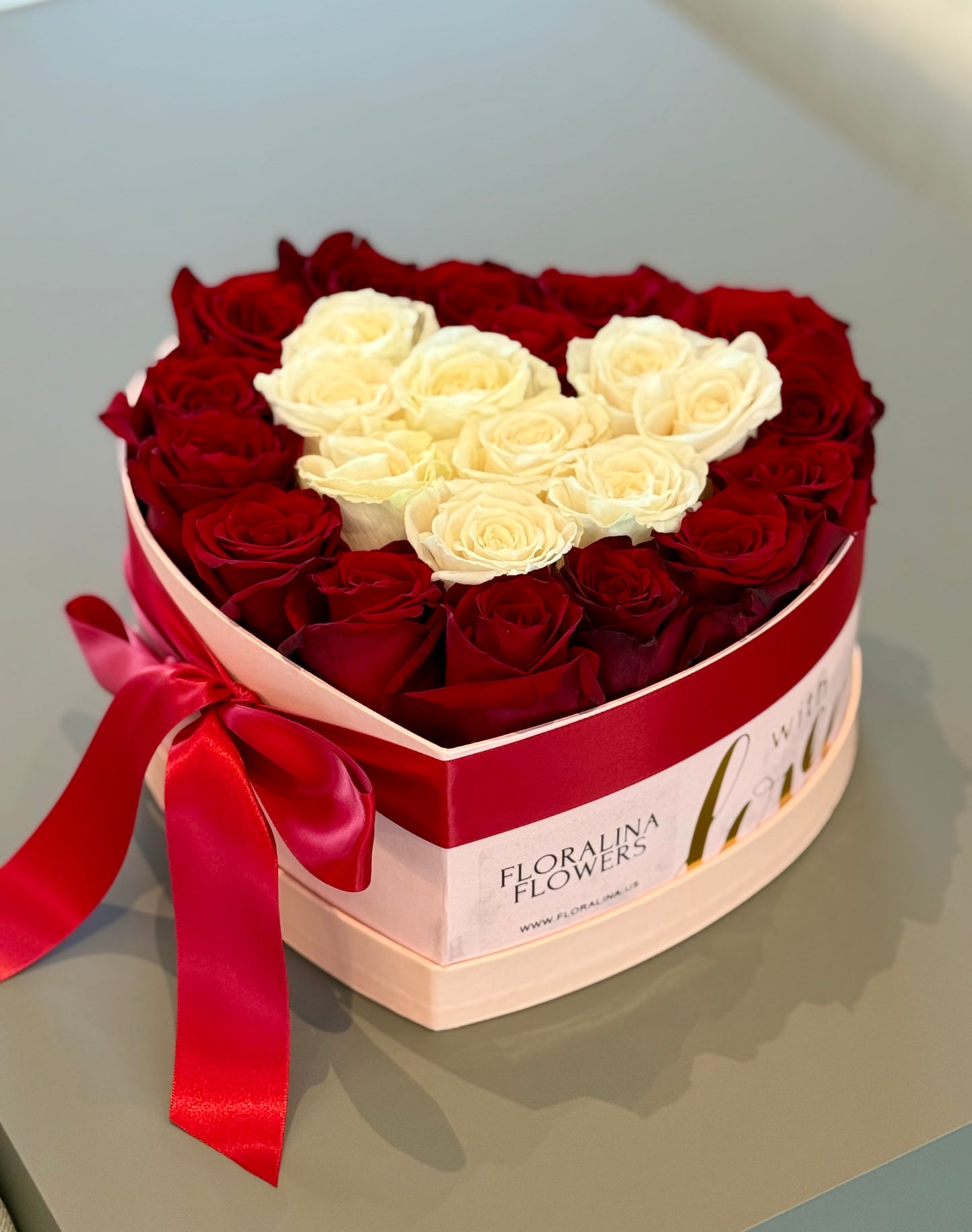 Heart Box with Red & White Roses