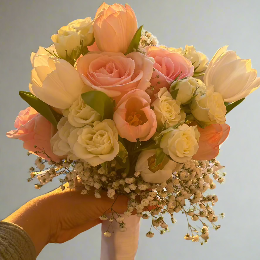 Bridal Hand-Tied Bouquet with Roses, Tulips, Spray Roses & Baby's Breath
