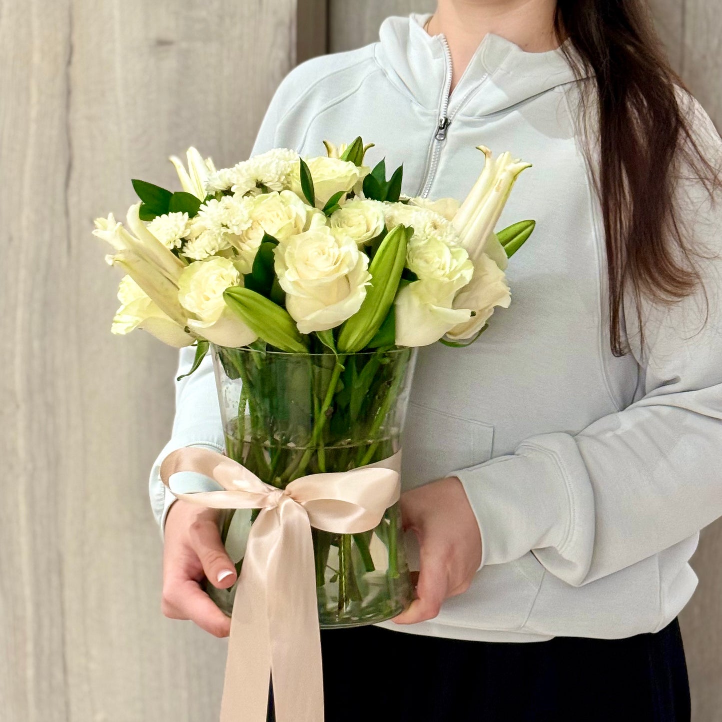 Sympathy Vase with White Roses, Lilies & Chrysanthemums