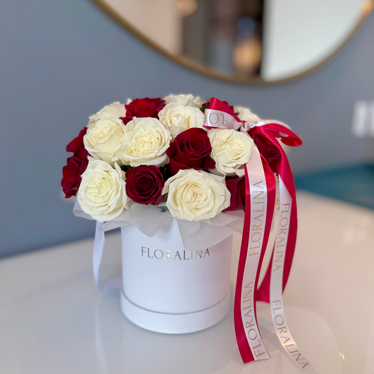 Eternal Harmony Flower Box – Red & White Roses