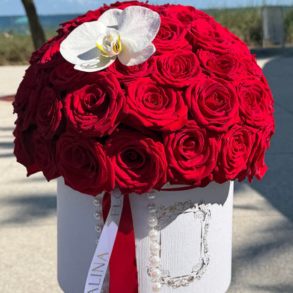Luxury Red Roses Flower Box with Orchid