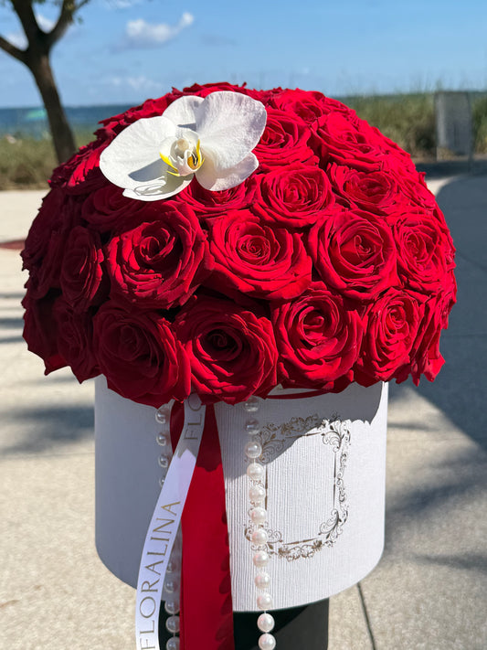 Luxury Red Roses Flower Box with Orchid