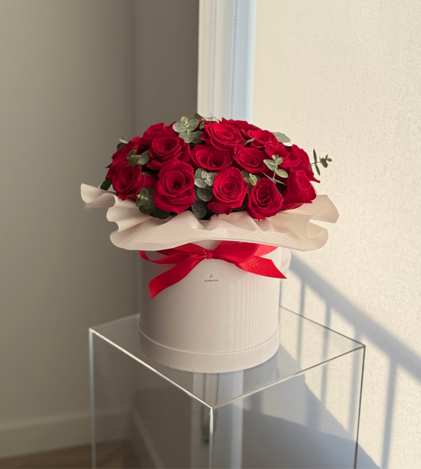 Flower Box with Fresh Roses & Eucalyptus