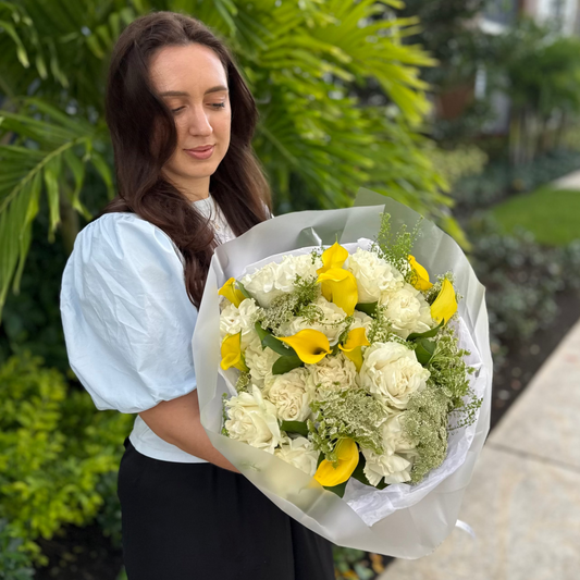 Elegant French White Roses & Yellow Calla Lily Bouquet