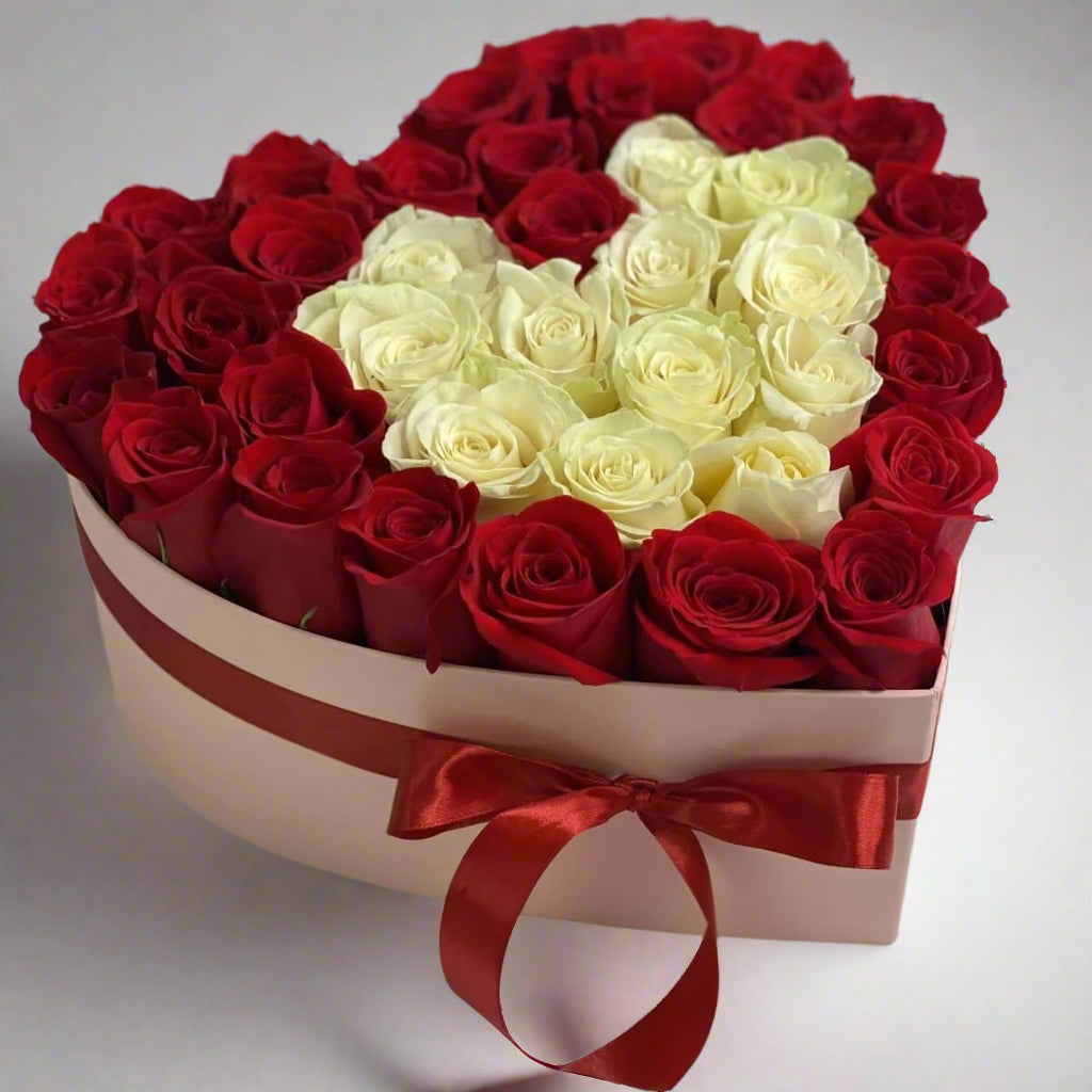 Heart Box with Red & White Roses