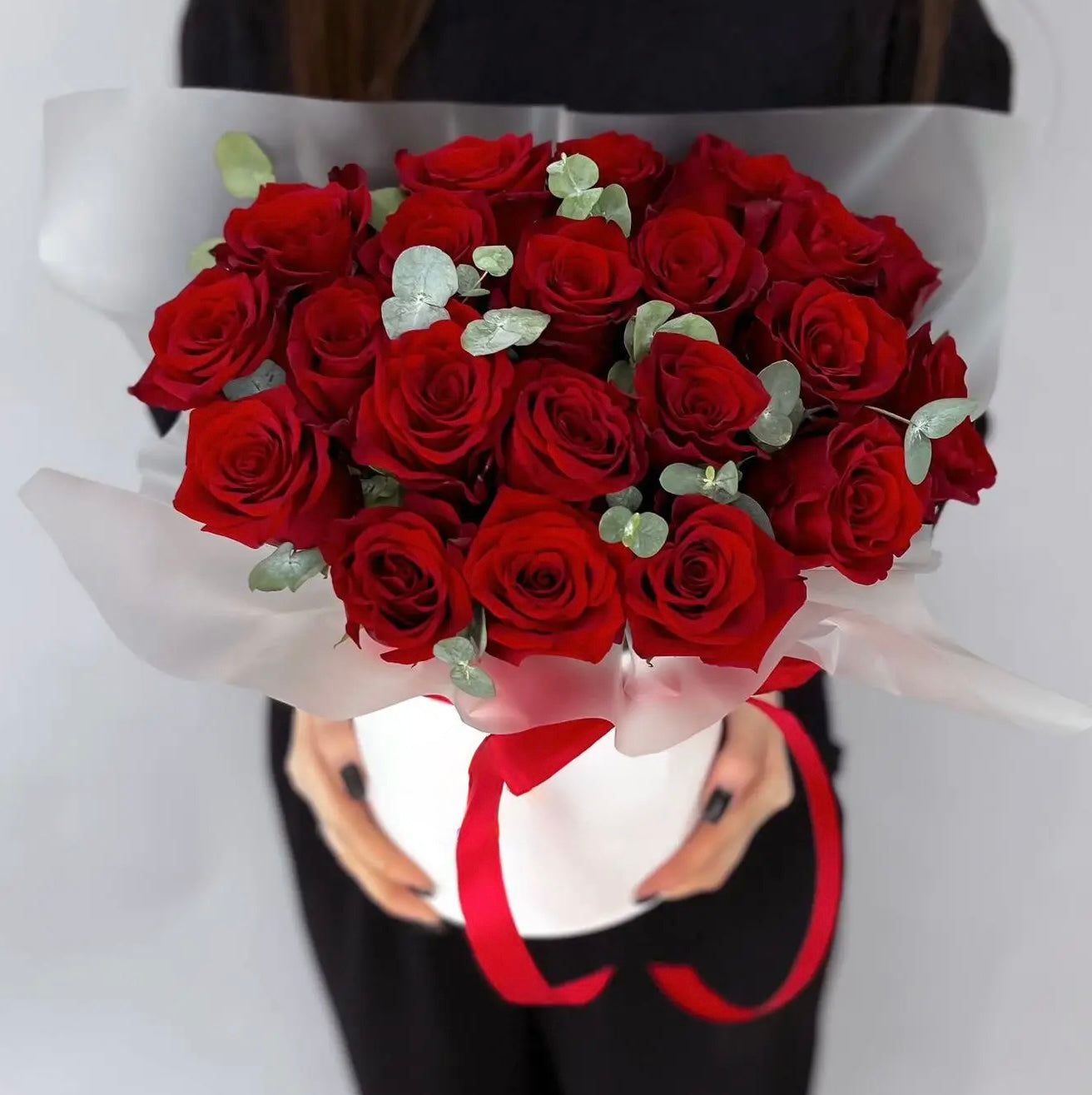 Flower Box with Fresh Roses & Eucalyptus