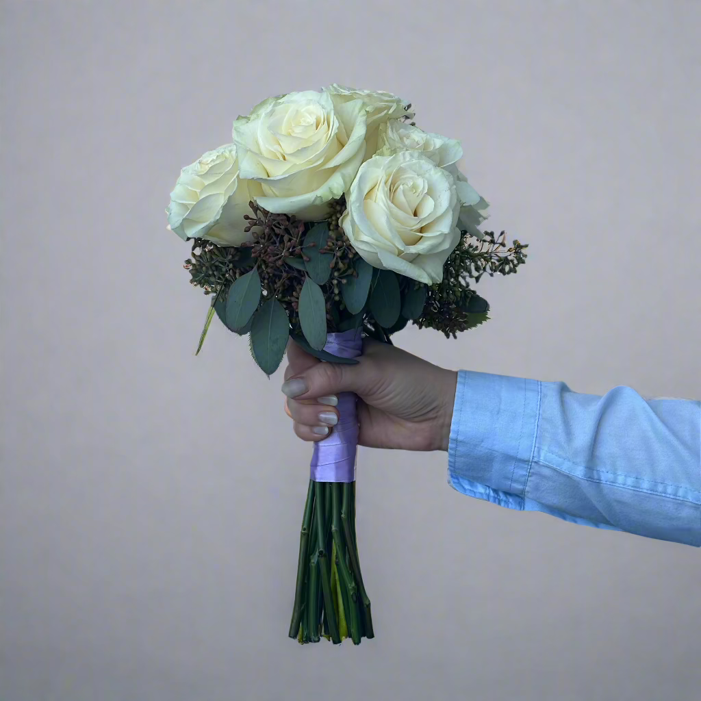 Elegant Bridal Hand-Tied Bouquet with Roses & Seeded Eucalyptus