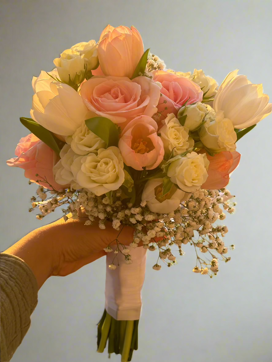 Bridal Hand-Tied Bouquet with Roses, Tulips, Spray Roses & Baby's Breath