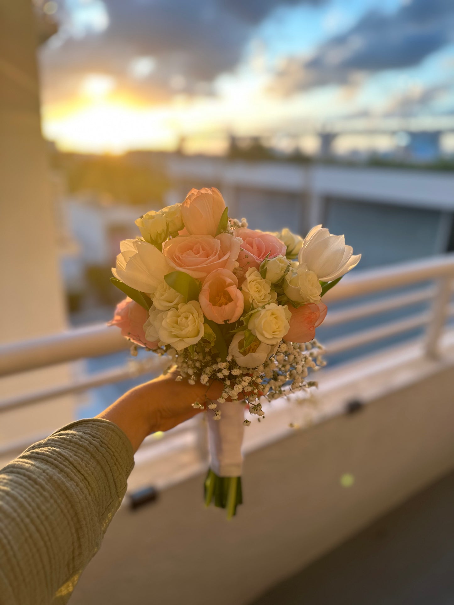 Bridal Hand-Tied Bouquet with Roses, Tulips, Spray Roses & Baby's Breath