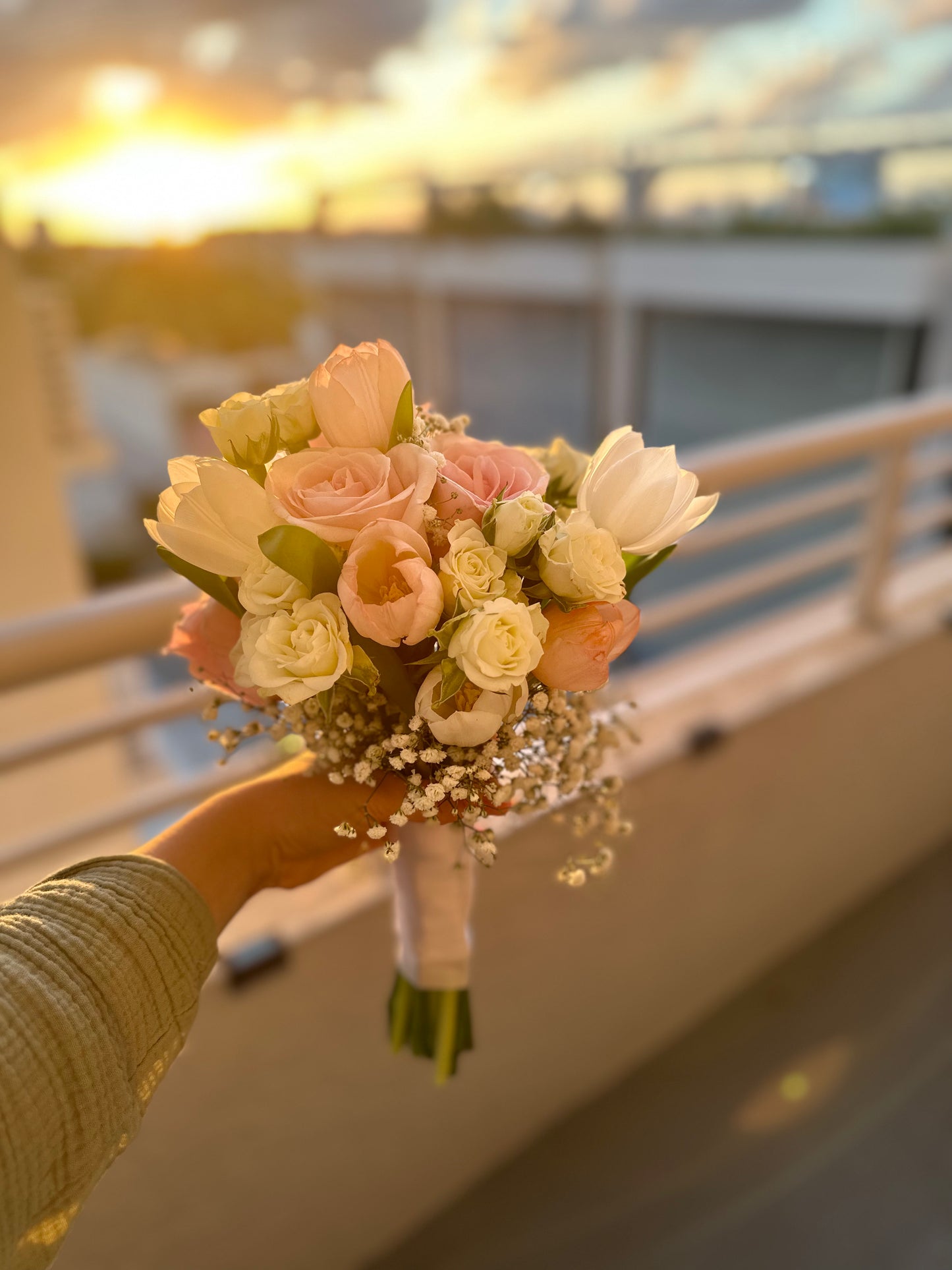 Bridal Hand-Tied Bouquet with Roses, Tulips, Spray Roses & Baby's Breath