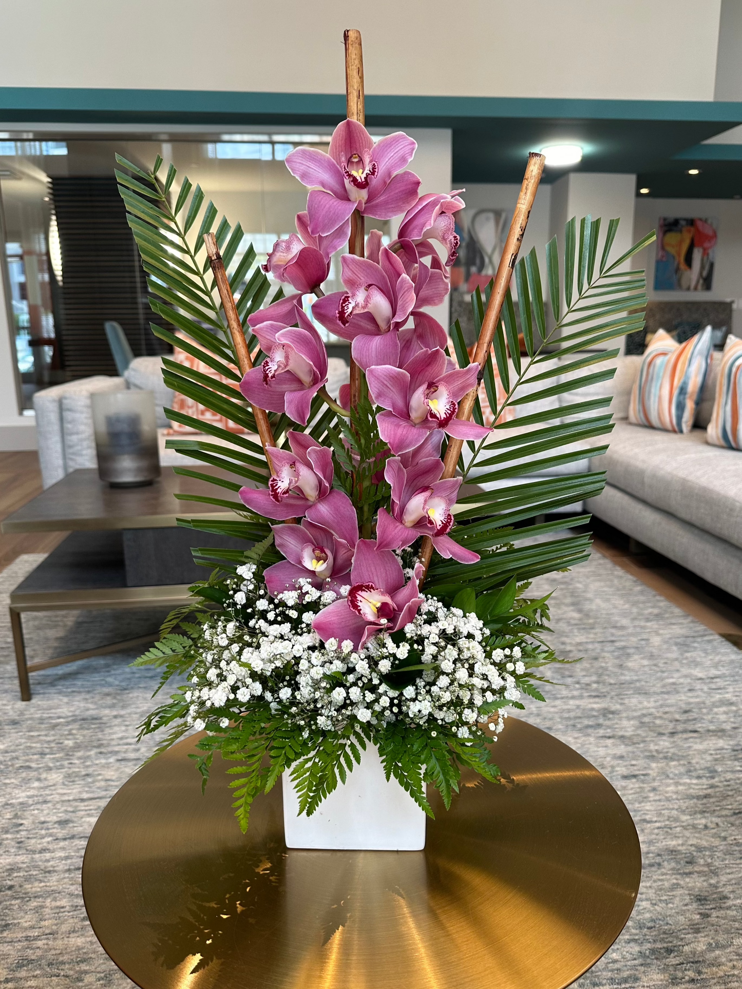 Elegant Cymbidium Orchid & Baby’s Breath Flower Arrangement