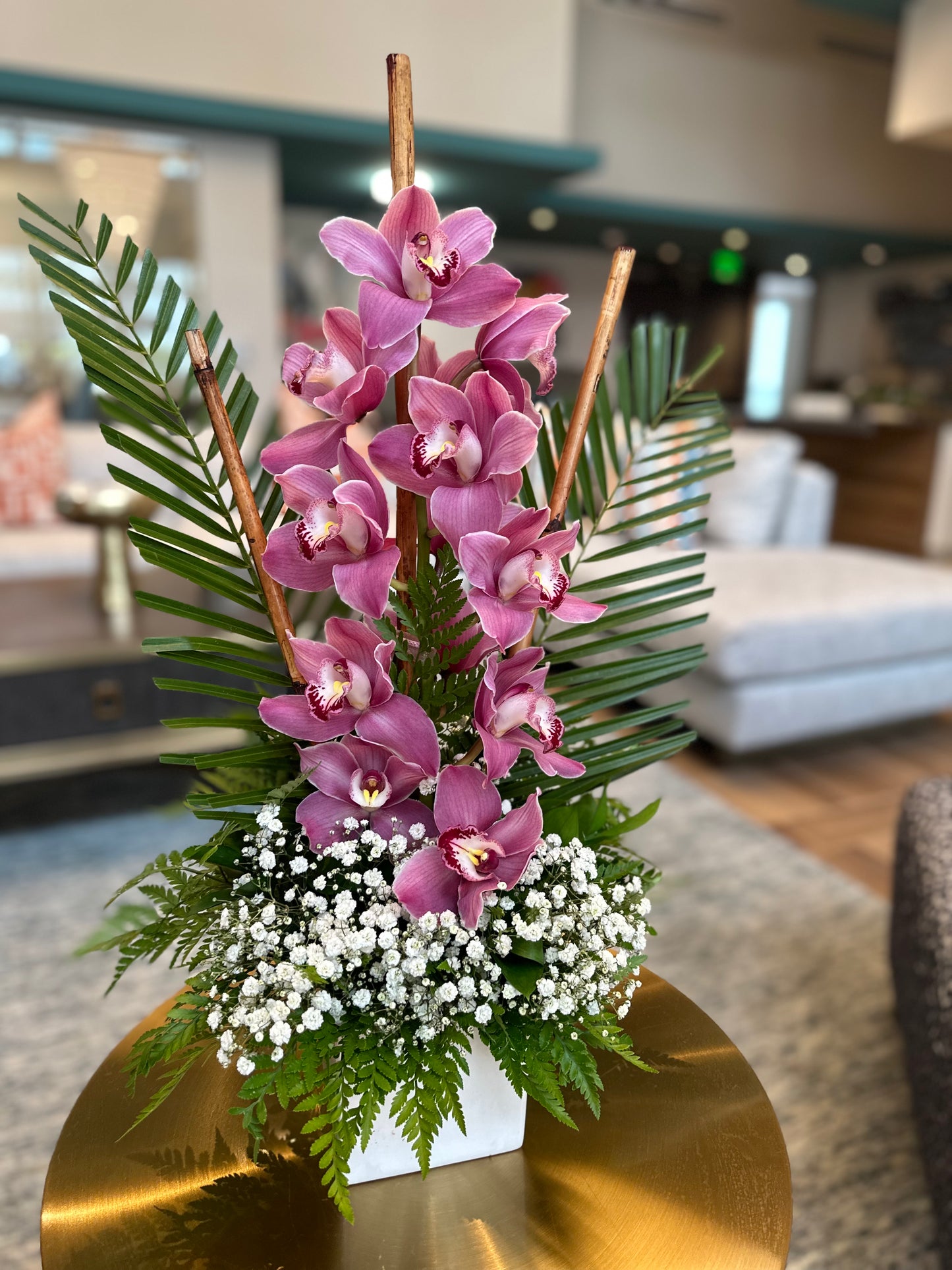 Elegant Cymbidium Orchid & Baby’s Breath Flower Arrangement