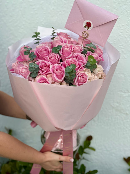 Pink Roses & Hydrangeas Bouquet with Eucalyptus