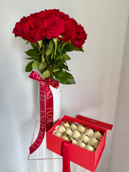 Roses & Chocolate Strawberries Bundle (Order 1 Day in Advance)