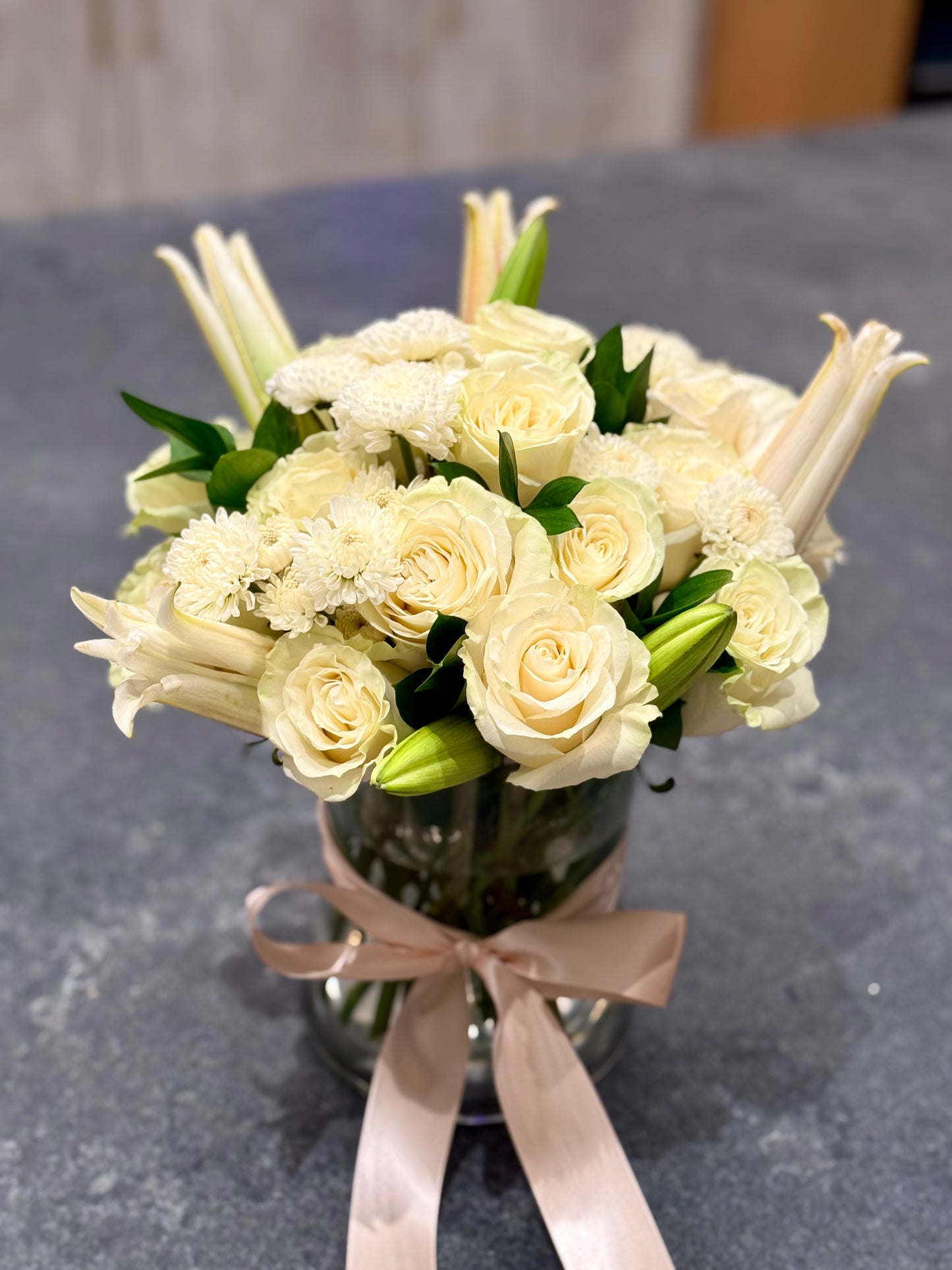 Sympathy Vase with White Roses, Lilies & Chrysanthemums