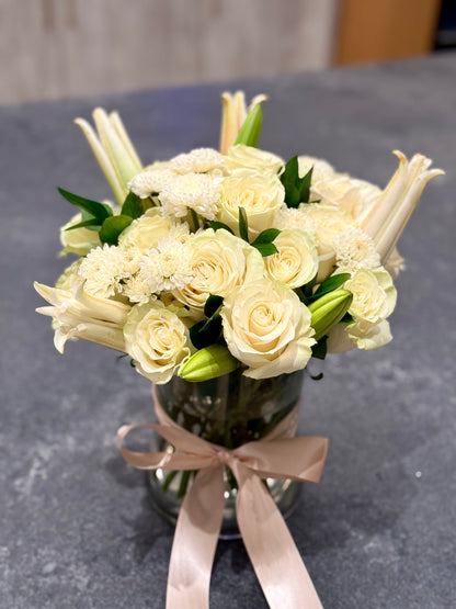 Sympathy Vase with White Roses, Lilies & Chrysanthemums