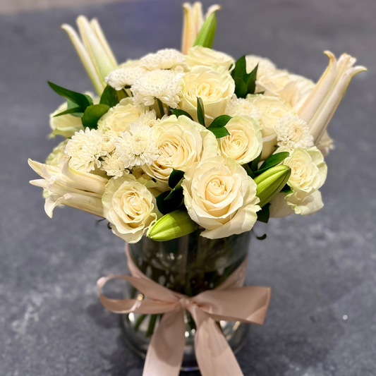 Sympathy Vase with White Roses, Lilies & Chrysanthemums