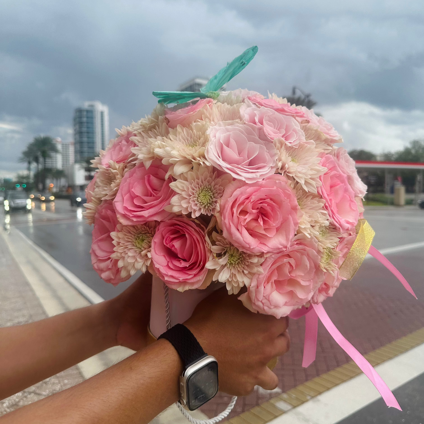 Flower Box with Roses & Pom Pom Daisies