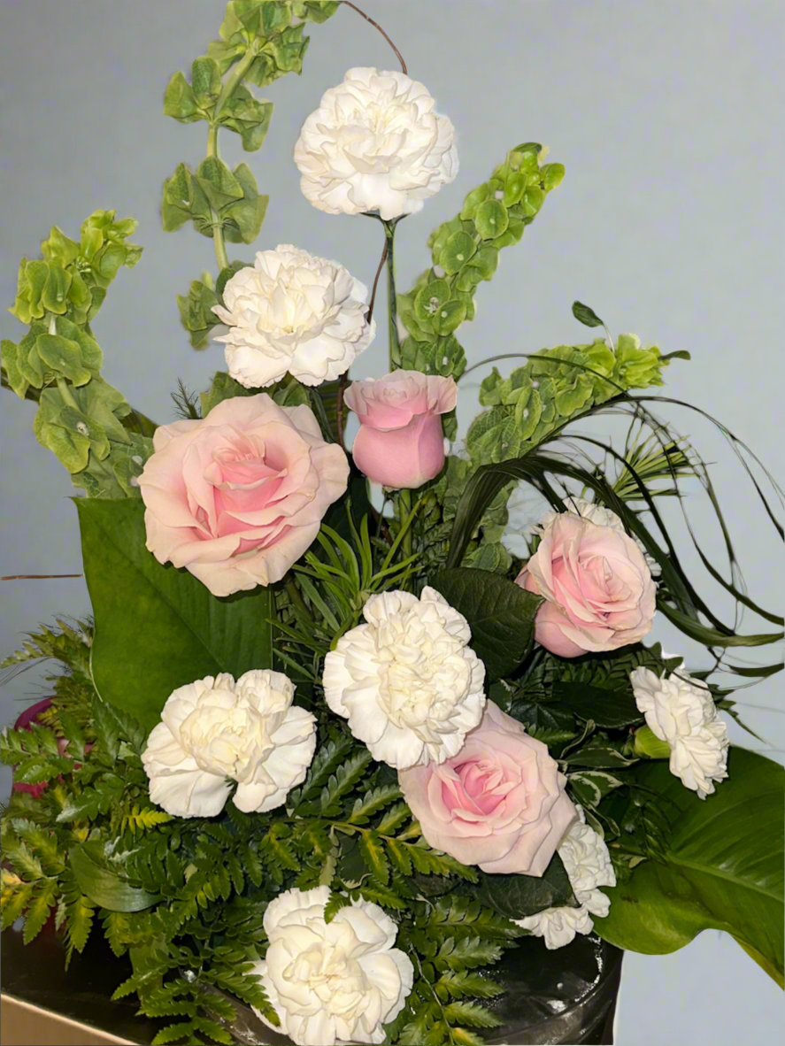 Elegant Pink Roses & White Carnations Flower Arrangement