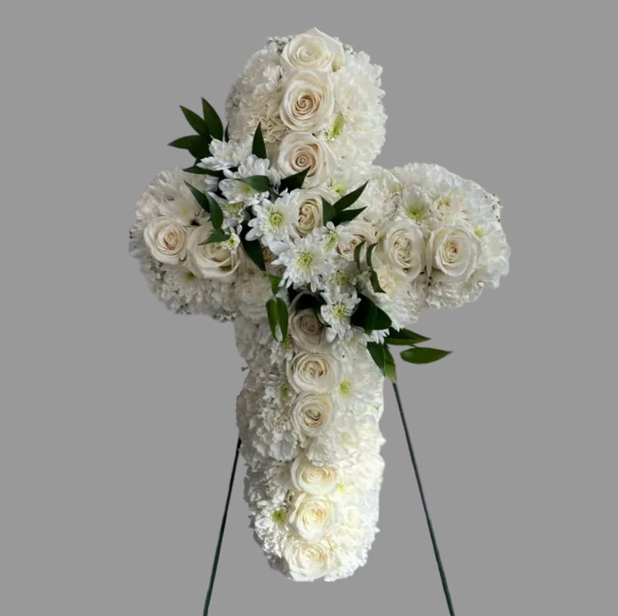Elegant Funeral Cross 18" with Stand – Floral Tribute