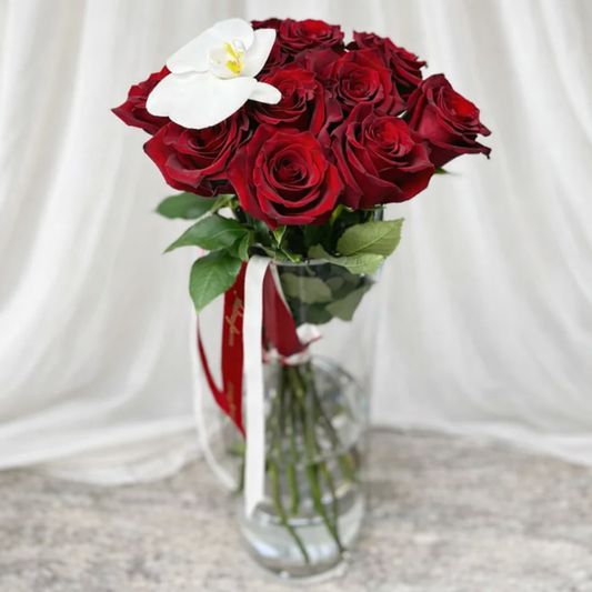 Dozen Red Roses with an Orchid
