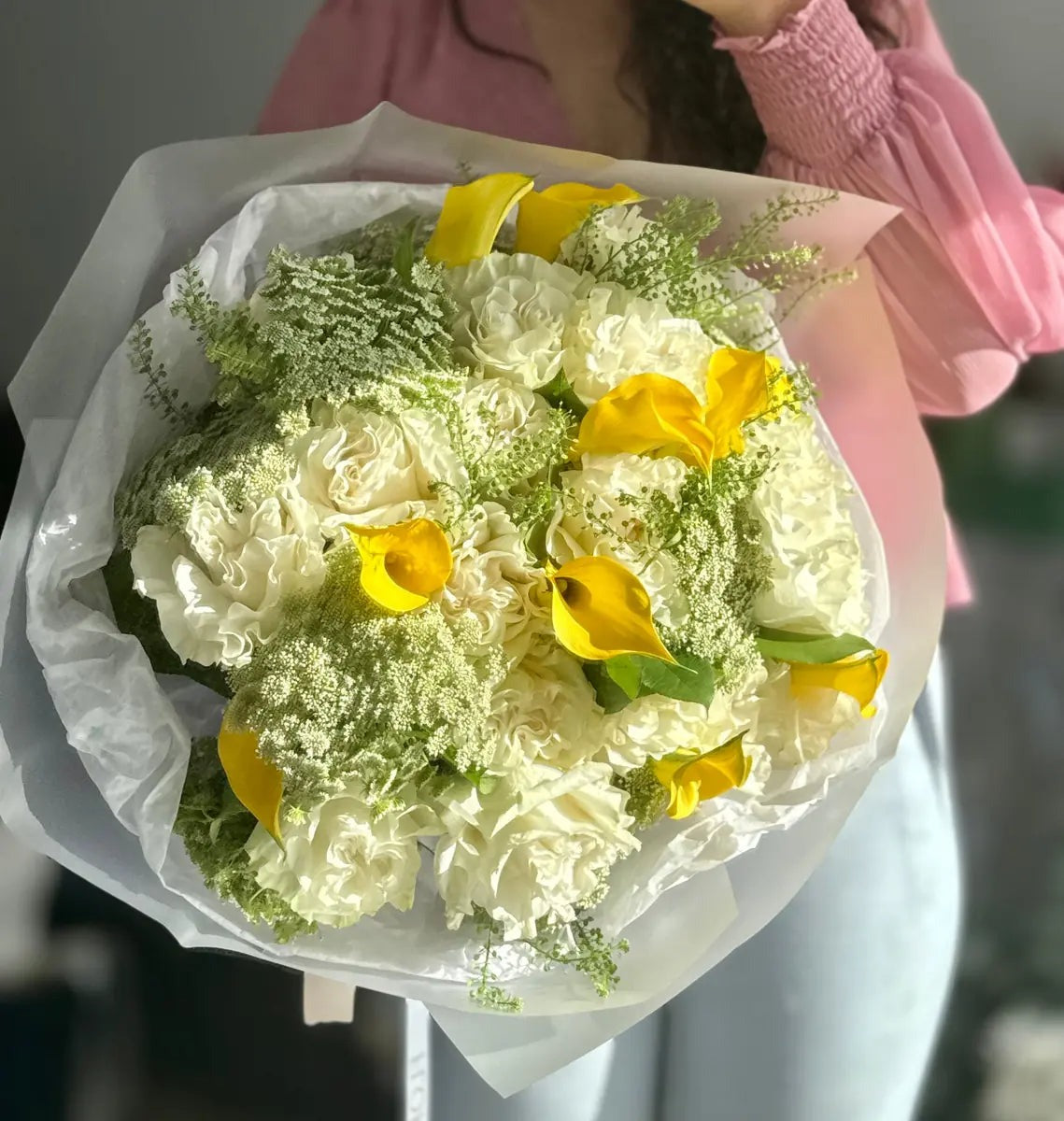 yellow and white calla lily bouquet Elegant French White Roses & Yellow Calla Lily Bouquet | Miami Flower Delivery