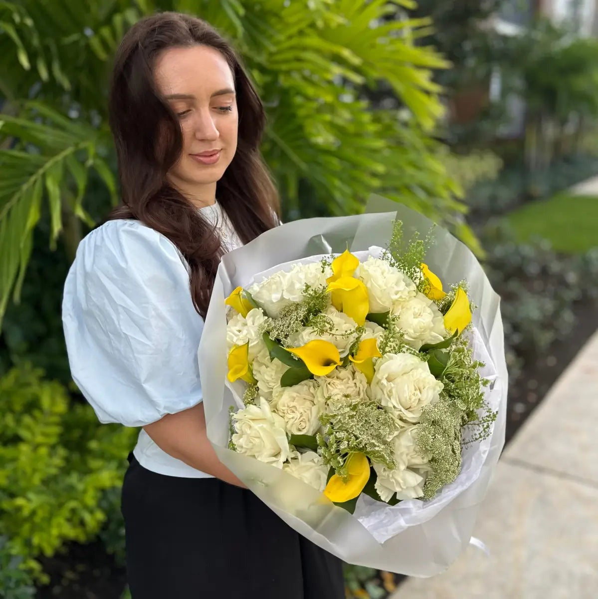 white and yellow calla lily bouquet Elegant French White Roses & Yellow Calla Lily Bouquet