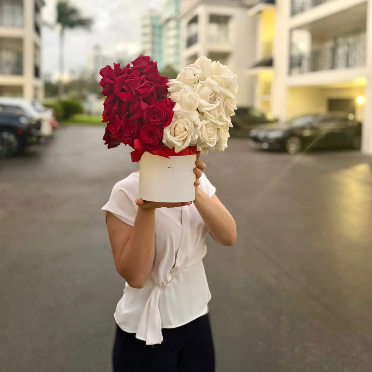 Heart Shaped Rose Arrangement in a Round Box