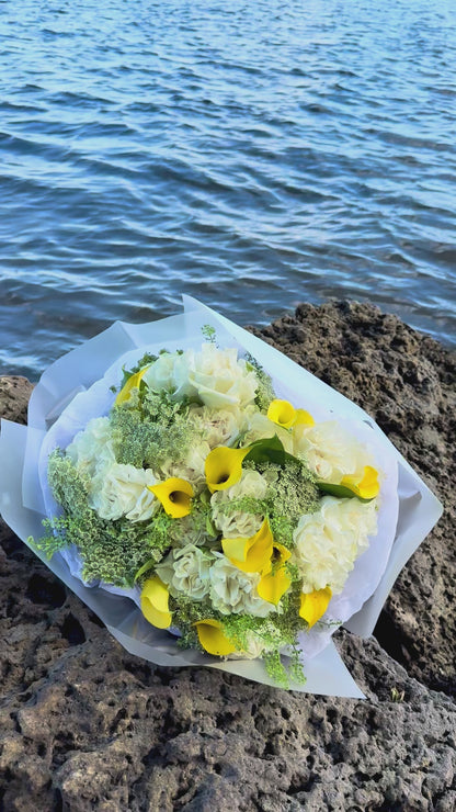 Elegant French White Roses & Yellow Calla Lily Bouquet