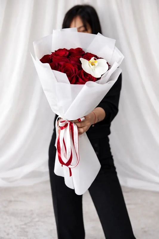 Dozen Red Roses with an Orchid