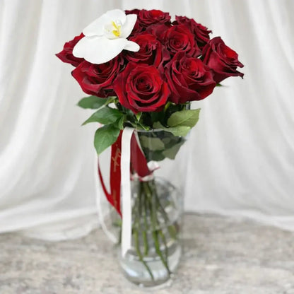 Dozen Red Roses with an Orchid