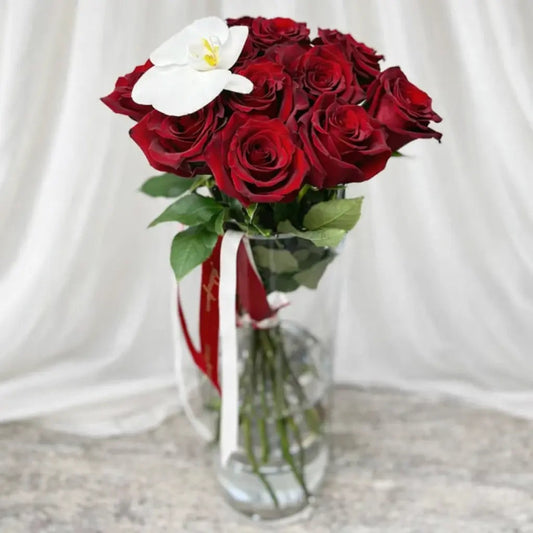 Dozen Red Roses with an Orchid