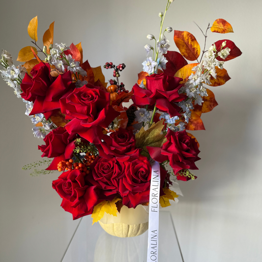Fall Pumpkin Arrangement – Red Roses, Autumn Leaves & Blue Delphinium