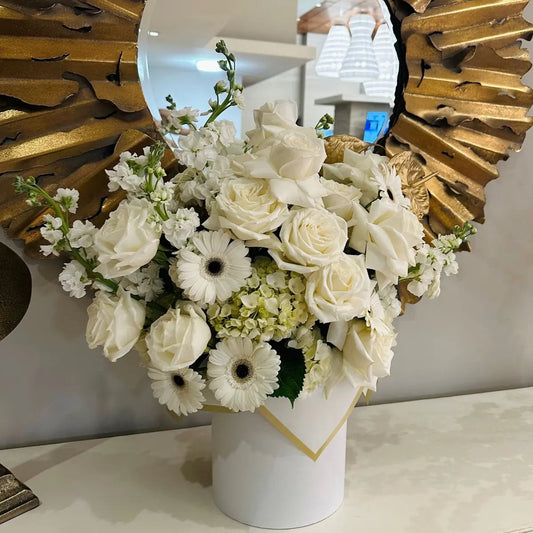 White Elegance Flower Box – Luxury Roses & Hydrangeas Arrangement
